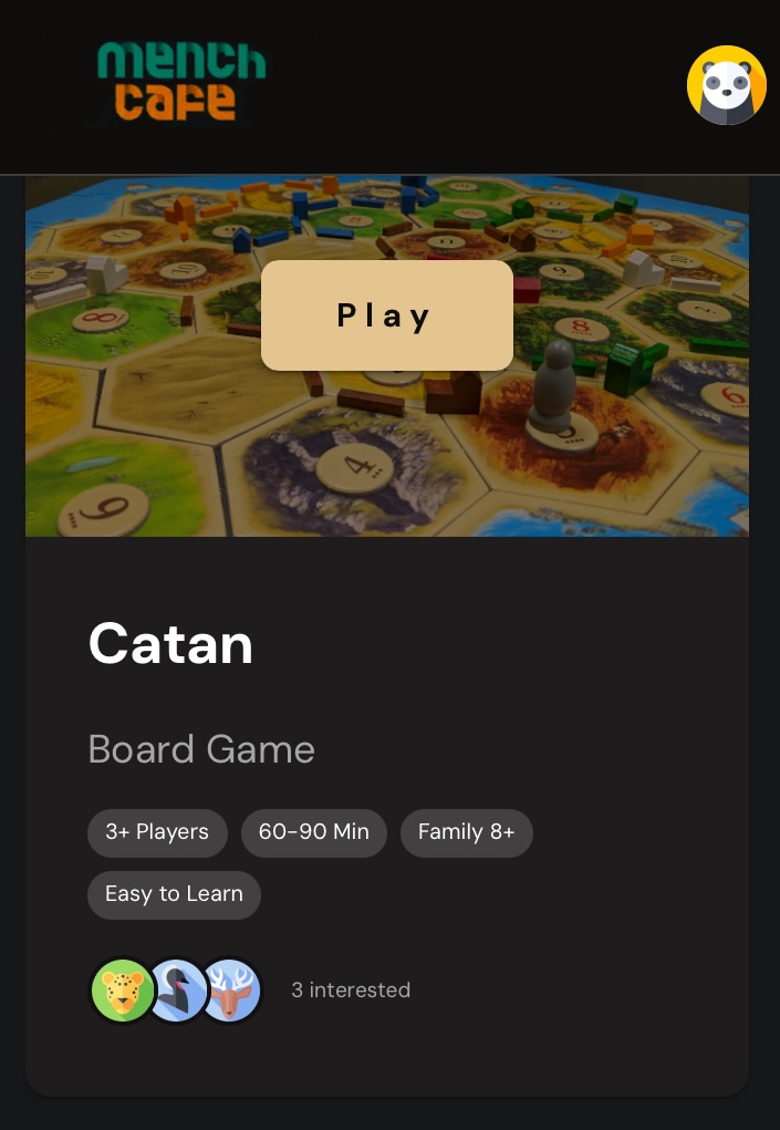 Match app — Catan game listing at Mench Café